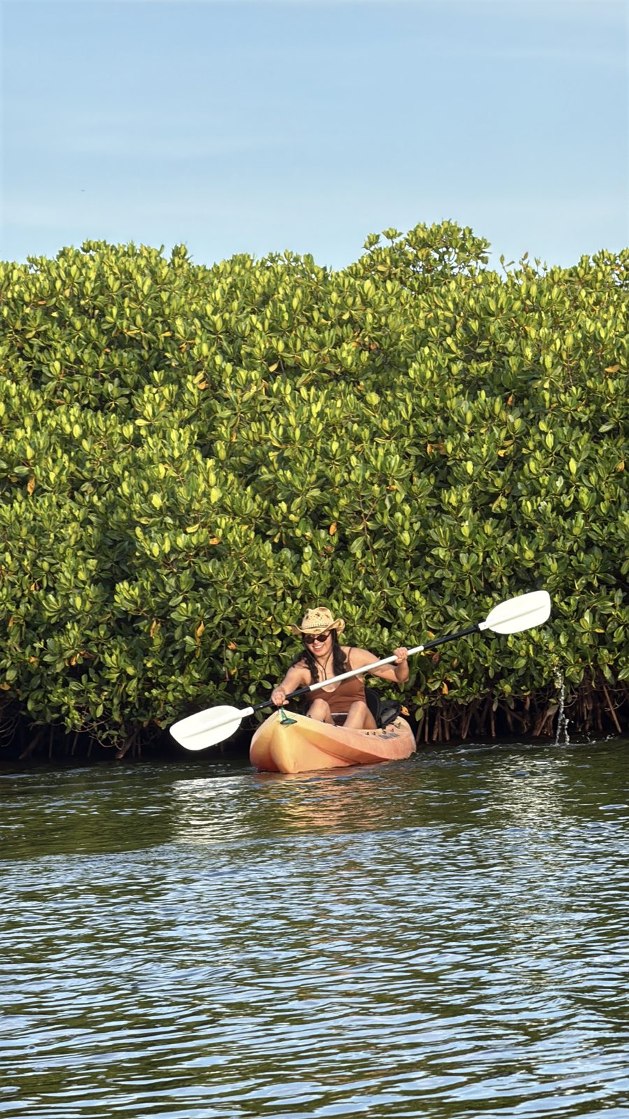 Kayak naranja entre los manglares verdes reflejados en el agua de La Paz
