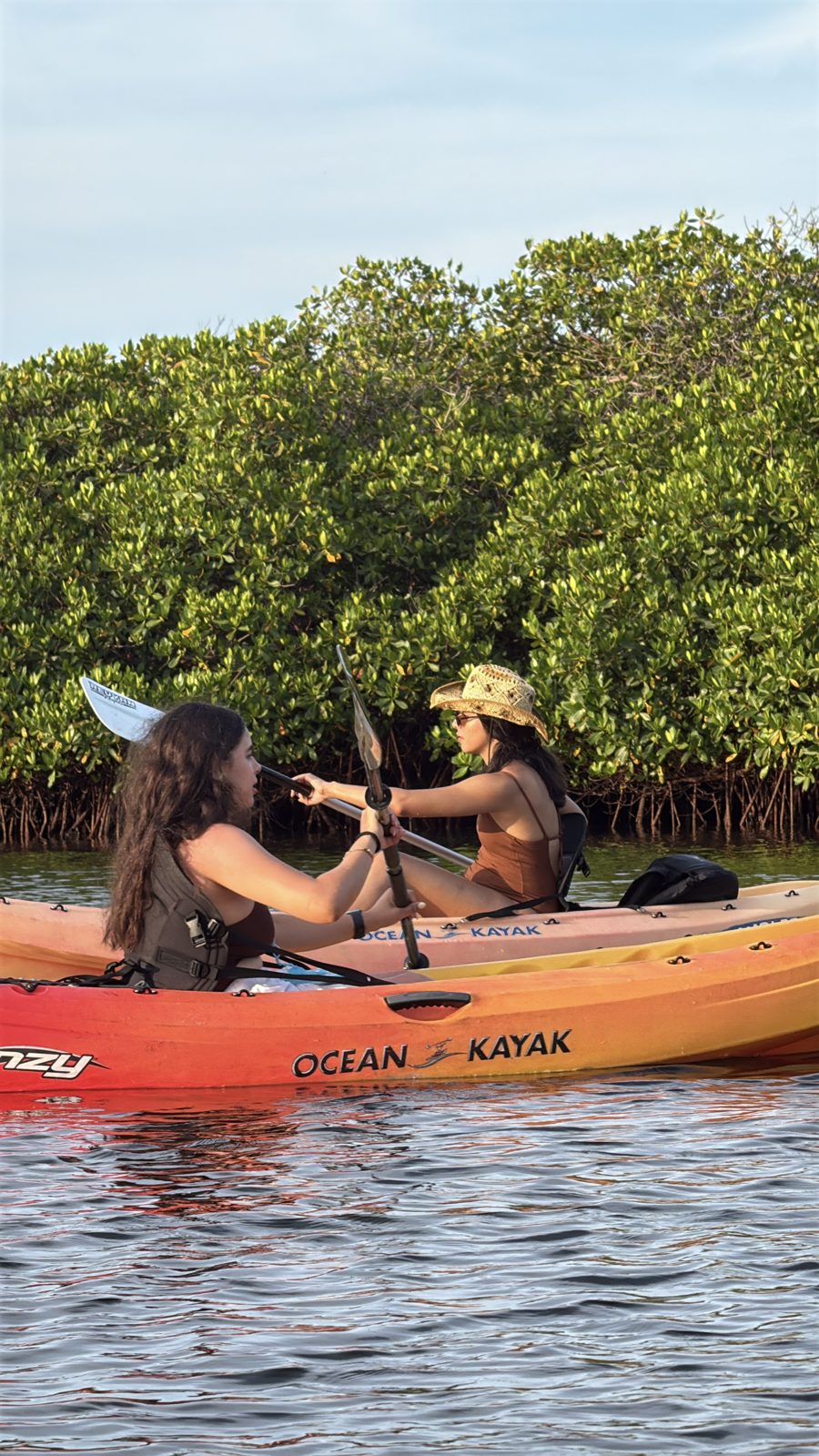 Dos personas en un kayak naranja junto a los manglares